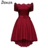 Elegant Red Lace Dres Patchwork Slash Neck Kort ärm Sashes Tunic Summer Ladies Sexig Evening Party ES 220215