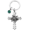 Creative Rose Cross Keychain with 12 Birthstones Jewelry Memorial Gifts Bag Pendant Key Chains Religious Christian Keyrings4906725