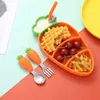 4Pcs/Set Babies Tableware Set, Kids Carrot Shape Heat-resistant Dinner Plate, Silicone Handle Spoon Fork Dinnerware for Toddlers G1221