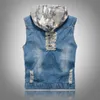 Nieuwe Vintage Design Heren Denim Vest Slim Fit Hooded Jacket Mouwloze Vest Mannen Rits Hole Casual Vest Jeans Vest