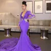Africa Black Girl Purple Prom Dresses 2021 Sexy Deep V Neck Beaded Lace Appliques Evening Gown Long Sleeves Formal Party Dress AL7993