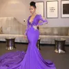 Africa Black Girl Purple Prom Dresses 2021 Sexy Deep V Neck Beaded Lace Appliques Evening Gown Long Sleeves Formal Party Dress AL7993