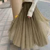 Fashion High Waist Woman Skirts Elegant Saia Casual White Mesh Black Long Pleated Skirts Female Faldas Mujer Solid Color Q3353 Y1214