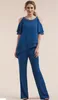 Navy Blue Plus Size Mother of the Bride Pants Suit Chiffon 2 PCS Pakken bruiloft Guestjurken Korte mouwen Formele avondfeestjurk 0430