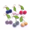 Moda Cherry Breloczek Puszysty Sztuczny Rabbit Fur Ball Pompom Leaf Keychain Charm Torebka Samochód Key Holder Wisiorek Prezent 2022