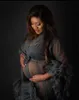 Seksowna szara fotografia sukienka zobacz thru długi bal sukienki z puff pełne rękawy Prom suknie Ruffles wielopoziomowy kobieta w ciąży długą szatę