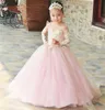 2021 Słodkie rumieniec suknie ślubne dla małych Gilrs Pink Tulle Koronki Ivory Lace Illusion Aplikacja Długie Rękawy Princess Flower Girl Dresses