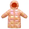 Зима новая красочная яркая сторона детская длинная куртка вниз пальто длинное хлопковое пальто с капюшоном для мальчиков и девочек 201126