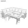 U_Style Patio Furniture Set de 5 piezas Configuración al aire libre Conjunto de mesa de comedor Silla con otomano y tira almohadas Stock A08 A21