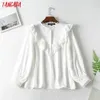 Tangada Frauen Rüschen weiße Hemden Langarm solide O-Ausschnitt elegante Büro Damen Arbeitskleidung Blusen LJ200813