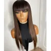 Mongolian Silky Straight Ombre Laces Front Human Hair Wigs with Bangs 180Density Chocolate Brown Glueless Full Lace Wig Fringe 360 frontal