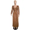 여성 Boho Long Sleeve Maxi 드레스 숙녀 파티 스플릿 드레스 드레스 여름 해변 기하학적 패턴 Sundress T200320