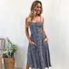 Kvinnor vintage casual sundress kvinnlig strandklänning lady boho sexiga blommor klänningar tjej midi knapp backless polka dot randig kjol ny het2024