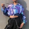 Women Rave Outfit Holographic Jacket Short Hooded Neon Outfit Dance Crop Top Women Jazz Dance Street Dance Clothing Y2008244293534