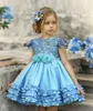 Kurze blaue Prinzessin-Blumenmädchenkleider für Hochzeiten, Juwelenhals, Spitzenapplikationen, Schleife, gestuft, für kleine Kinder, Baby-Kleider, Erstkommunion-Kleider