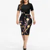 Vintage Print Plus Size Knee-length Dress Womens Summer Short Sleeve Midi Elegant Dresses Summer Sexy High Waist Robe 2022