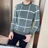 남자 스웨터 가을 스웨터 니트베이스 셔츠 격자 무늬 자카드 라운드 넥 풀오버 슬림 피트 그린 패션