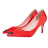 899-14 유럽 및 미국 드레스 신발 스타일 섹시한 뾰족한 라인 석 하이힐 프랑스 그물 붉은 스틸 파티 직장 여성 신발
