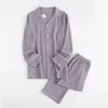 Vår Bomull Creepe Par Pajama Set Kvinnor Solid Plus Storlek Ärme Cardigan Long Pant Home Suits Sleepwear Nightgown Kvinna Y200708
