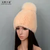 Berretto di pelliccia di visone Cappelli lavorati a maglia con palla di pelo di volpe Inverno Donna Berretti 100% naturale Cappelli di pelliccia genuina Berretto russo per le donne Y201024