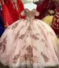 Charro rose Pink Quinceanera Dresses Off the Shoulder Sequins Lace Appliques Ball Gown Prom Dress Corset Back Sweet 16 Gowns Vestidos De Xv Años