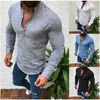 Grande taille mode hommes à manches longues col en V petit haut chemises en lin Blouse col coupé pull mâle blanc noir bleu Gray1282f
