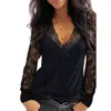 Feminino tops pulôver mulheres sexy mulheres profundas vice-pescoço de renda ver através da blusa de manga longa blusa superior sólido blusa vintage camisas 2021 h1230