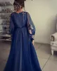 Blauwe lange mouwen Avondjurk Chiffon Een lijn Formele Prom-jurken Vestidos Custom Size Robe de Marrige