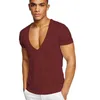 Sommar Sexig Deep V-Neck Herr T-shirt Lågklass Vneck Wide Vee Tee Male Tshirt Kortärmad Causal Solid Tops Osynlig Undershirt G1222