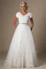 Vintage Lace Tulle Modest Cap Sleeves Wedding Dresses With Sleeves V Neck Button Back Bridal Gowns A-line Beaded Sash Wedding Gowns