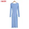 Tangada mode femmes solide élégant col en v pull robe à manches longues dames côté ouvert robe midi 4P20 Y0118