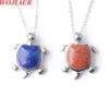 WOJIAER Natural GemStone Turtle Tortoise Animal Silver Necklace Pendants Beads DIY Men Jewelry Making Chain 18Inches BE909