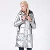 冬のジャケット女性シルバーホログラフィックグリッタープラスサイズフード付きロングウィンターコートフード付き厚いジャケットパーカー201127