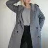 UK Spring design Women Simple Wool Maxi Long Coat Robe Slim fit overcoat Casual coat with belt Grey 201215