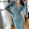 Casual Dresses Knitted Dress Women Office Lady Slim Elegant Midi Sweater Party Y2k 2022 Autumn Vintage Pure Color One Piece Korean