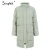 Simplee coton rembourré chaud noir parka femmes veste fermeture éclair poche survêtement parkas automne hiver décontracté pardessus femme 201202