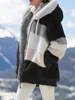 양모 혼합 자켓 여성 겨울 코트 캐주얼 여성 플러시 패치 워크 지퍼 포켓 후드 코트 루즈 한 아우터 여성 자켓