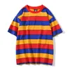 Koszulki Hip Hop Casual Mężczyźni Lato Rainbow Color Block Stripe Bawełna Krótki Rękaw Koszulki Streetwear Harajuku Topy G1229