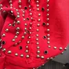 Giacca di jeans rossa Harajuku da donna primavera autunno Cappotto con perline rivetto corto nero Jean Giacche Studenti Cappotti basic Outfit T200828