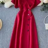 2020 Bahar Kadınlar Kısa Tek Göğüslü Elbise Ofisi Bayanlar Polyester V-Gutp Kısa Kollu Toka Orta Uzunluk Elbise T200526
