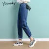 Yitimoky Calças de brim da cintura alta mulher Céu retas Blue Denim Calças Plus Size Elastic Washed Casual Vintage Streetwear Mom Jeans Mulheres 201029