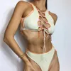 High Neck Hollow Swimsuit Women Knitting Beachsuits 2021 Swim Bandage High Cut Swimwear Mini Thong Bikinis Hot Sale