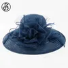 Fs svart vit eleganta kvinnor kyrka hattar för damer sommar blommor stora brädligheter organza hatt strand sol kentucky derby hat fedora y200602