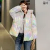 Women Winter Parkas Tie Dye Shiny Fabric Coats Hooded Thick Warm Jackets Parkas Zipper Padded Pocket Cold Outwear 201126