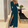 Elegante profundo decote em v primavera mulheres vestido de festa sexy sólido manga longa dançando senhoras oco magro fitness princesa 220210