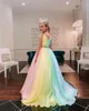 Rainbow Szyfonowa Mała Dziewczynka Suknie Korownicze 2022 Paski-Neck Girls Prom Suknie Zipper V Back Bez Rękawów A-Line Długie Dzieci Formalne Party Princess Księżniczka Nosić CG001