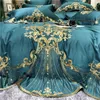 Högkvalitativ grön broderi långhäftande bomull Satin Bedding Set Queen King Duvet Cover Set ark European Palace Luxury 4PCS T200706