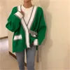 Women Autumn sweater single buttons patchwork V-neck sexy Green white loose long sleeve knitted Cardigans coat Korean casual LJ201017