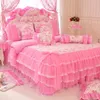 Koreański Styl Pink Koronki Bedspered Pościel Zestaw Królowa Królowa 4 SZTUK Księżniczka Drążek Pokrywa Łóżka Pościel Bawełniana Tekstylia Domowa 201021