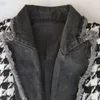 Denim Patchwork Gland à franges en pied de poule Tweed Blazer Veste avec ceinture 201114